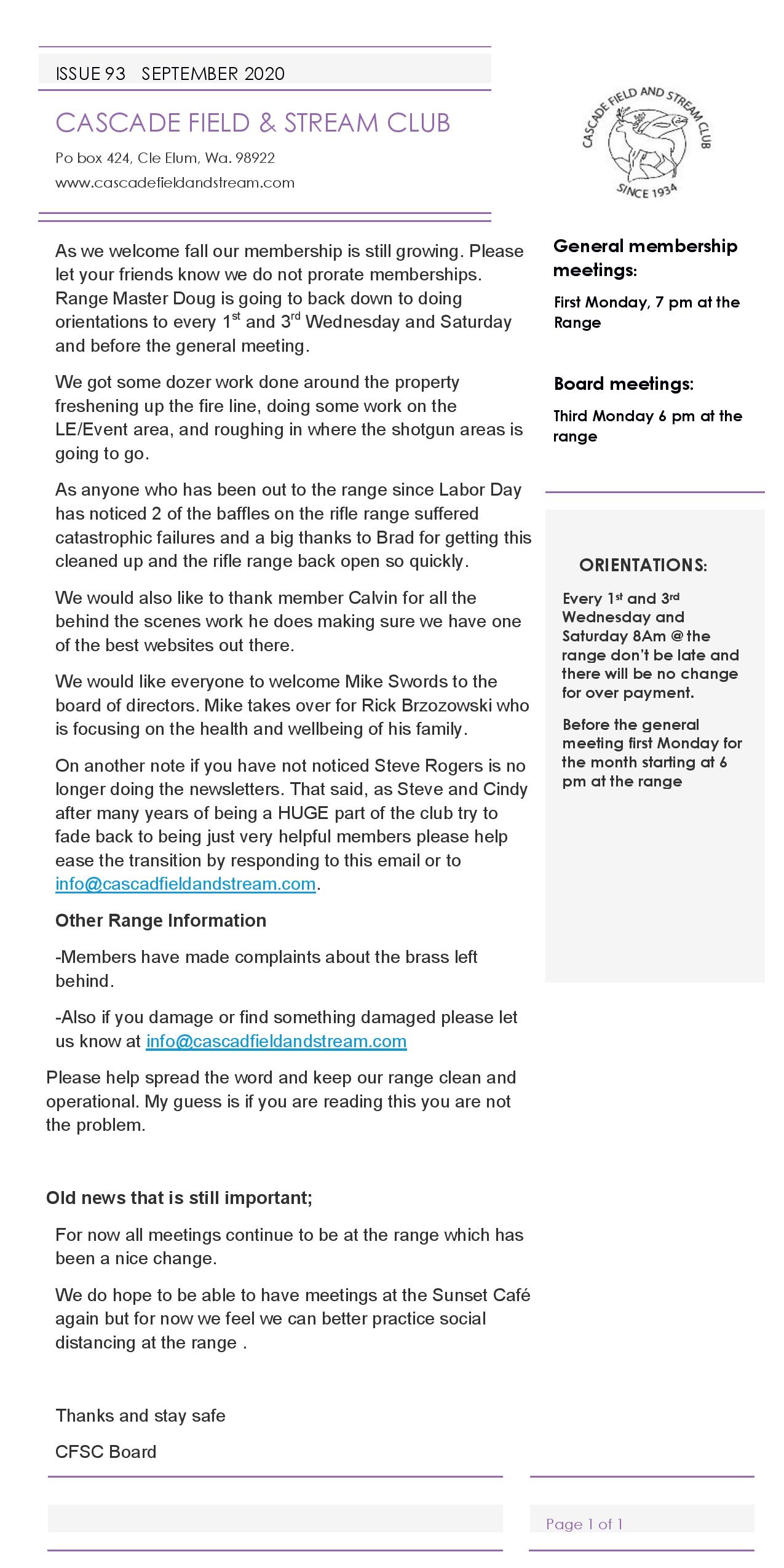 September Newsletter Cascade Field & Stream Club